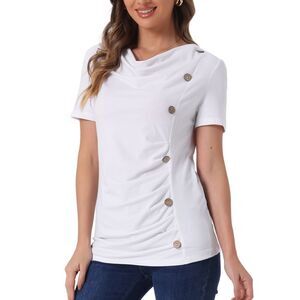 Cowl Neck Short Sleeve Button Decor Ruched Casual Basic T-Shirt White